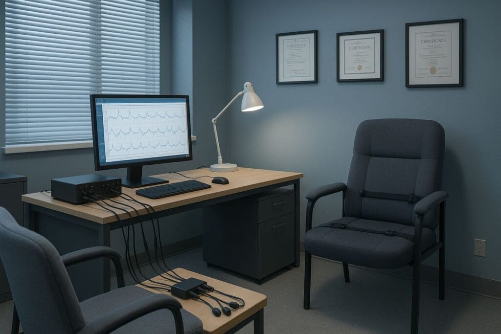 Professional polygraph examination room at GoPolygraph Santa Ana office with modern computerized lie detector equipment
